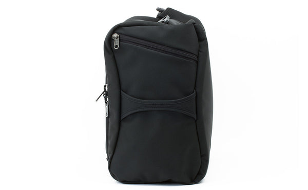 The slash or end pocket has a single zipper pull is placed on a bias starting at the top of the bag and extending toward the center where the grab handle is as it unzips.